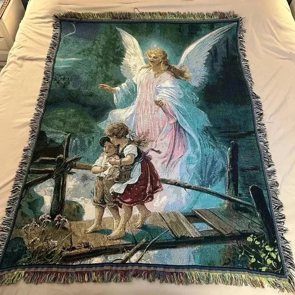 Guardian Angel & Children Crossing River Tapestry Throw 54"×48" Cotton Blend - Picture 3 of 3